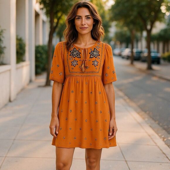 Coco + Jaimeson Embroidered Short Sleeve Dress Women's Small Saffron Boho Flowy - Picture 1 of 13